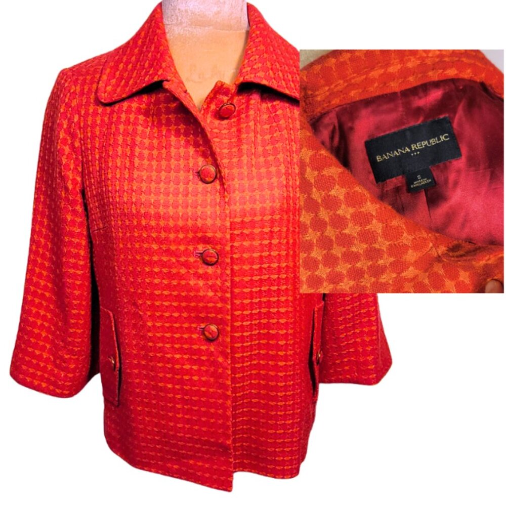 Banana Republic Funky Y2K Orange Fuschia 3/4 Sleeve Retro Tweed Blazer Size S